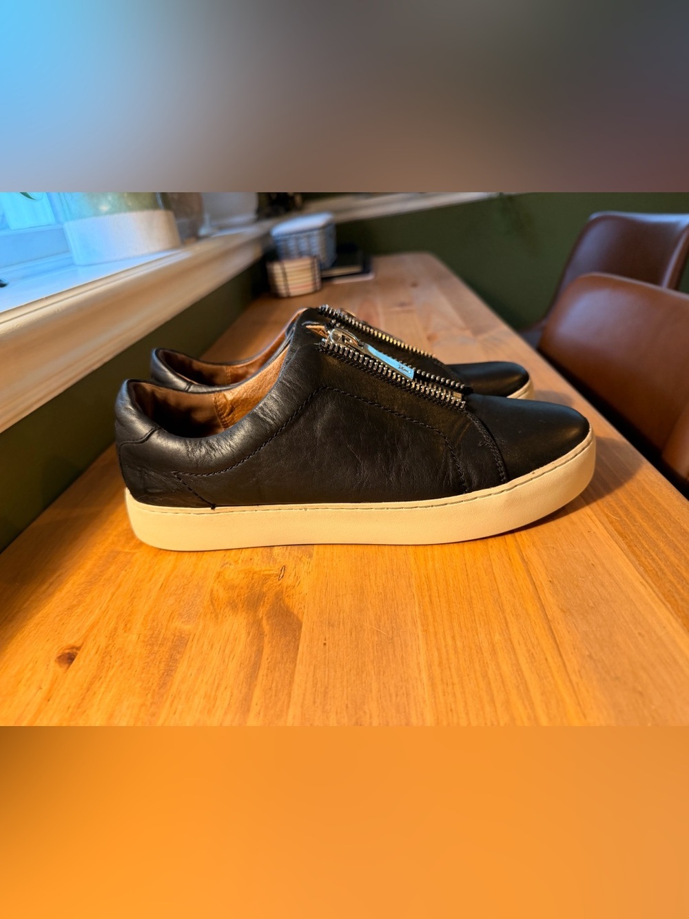 Frye Black Leather Zip-Front Sneakers with Cream Sole - Picture 3 of 5